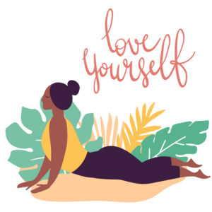 drawn image of woman in color in a cobra pose. The captain says, "love yourself"