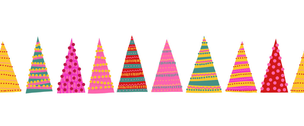 Simple Cartoon Rendition of Christmas Trees in multiple colors, most of which aren't traditional Holiday colors. the feel is bright, fun, and non-traditional.