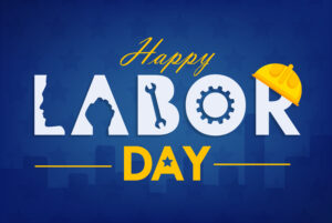 Happy Labor Day with bolts and fists and hard hats. Blue background with Yellow and white writing. No Stars and Stripes. 