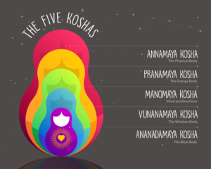 An image of the 5 Koshas or Sheaths. "Annamaya Kosha - Physical Body, Pranamaya Kosha - Energy Body, Manomaya Kosha - Mental Body, Vijnanamaya Kosha - Wisdom Body, Anandamaya Kosha - Bliss Body"